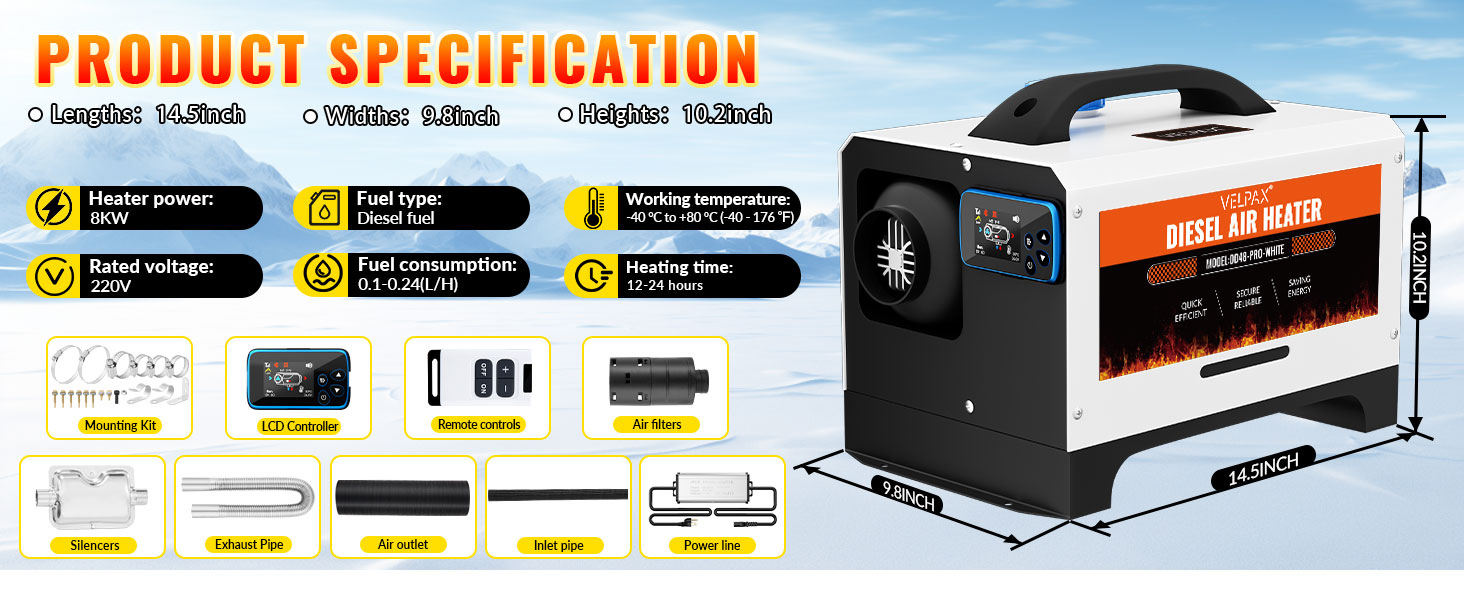 Дизельний обігрівач Diesel Air Heater 8 кВт з дистанційним керуванням та LCD дисплеєм 12/24/110-240 В, Bluetooth, для автодому, автомобіля, причепа