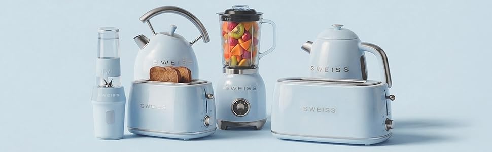 Тостер SWEISS Vintage GRV7 блакитний, 2 відділення, нержавіюча сталь, 6 режимів підсмажування, для багетів, розморожування, 1500 Вт