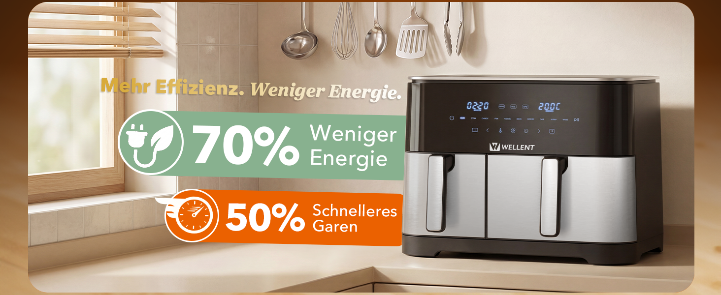 Аерофритюрниця WELLENT Dual Zone XXL 11л (6+6л), 2950W, з двома камерами, вікном перегляду та функцією Match & Sync