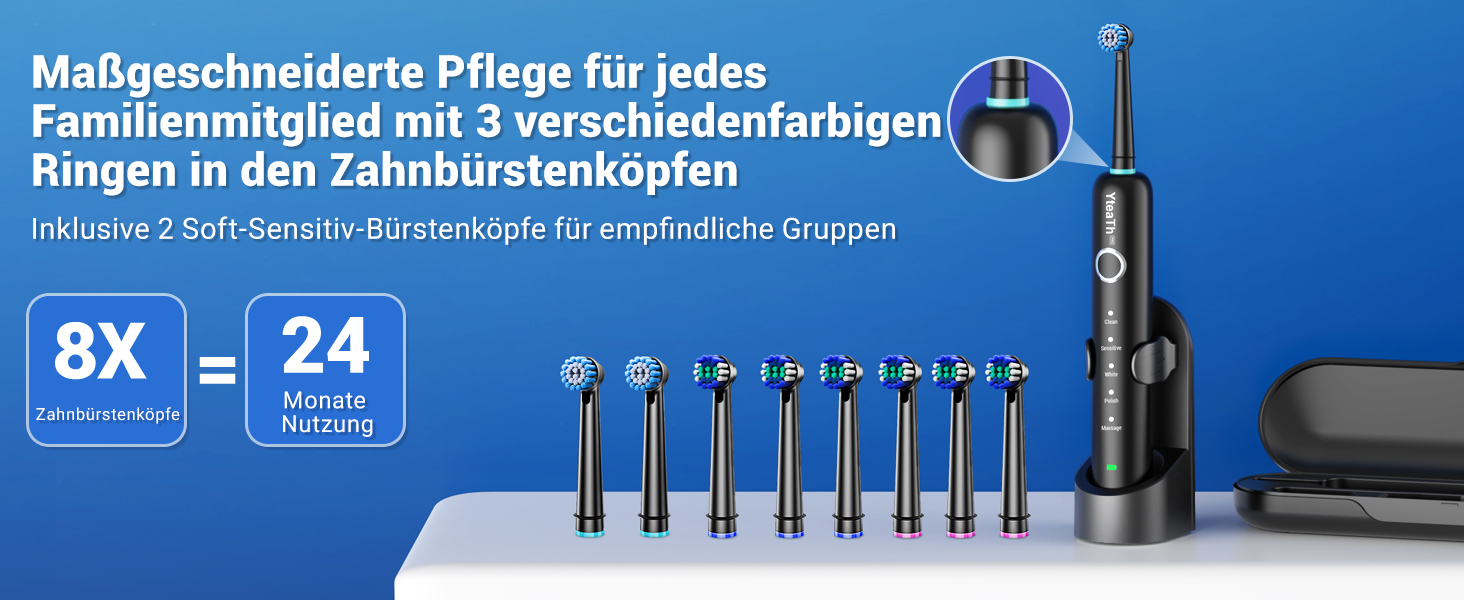 Електрична зубна щітка ротаційного типу для дорослих та дітей з 8 насадок, зарядний станція з кріпленням на стіну, 5 режимів чищення та дорожній футляр, 60 днів роботи від акумулятора, чорний