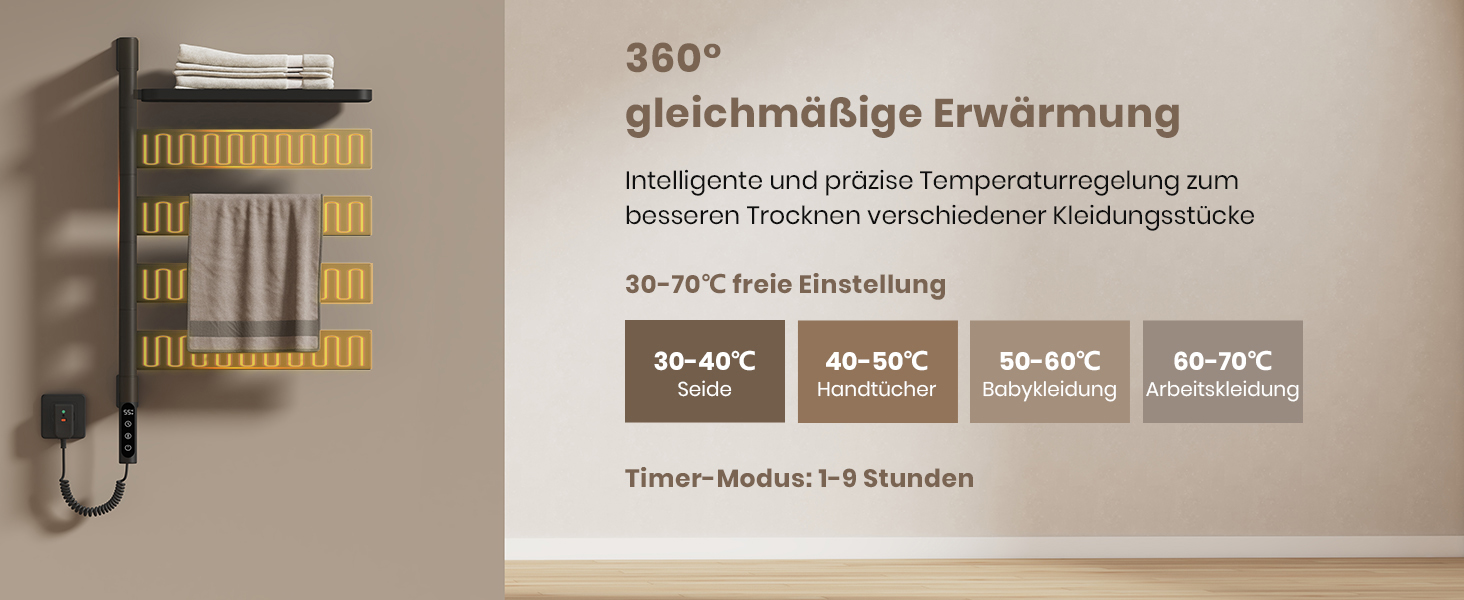 Електричний сушильник для рушників EMKE 180° з полицею, Wifi, 120W, 760x450 мм, чорний