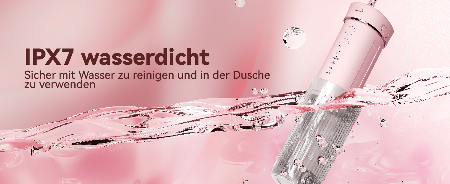 Портативний електричний іригатор для порожнини рота JTF Mini, бездротовий, для подорожей, з 5 насадками, 4 режими, 230 мл, водонепроникний (IPX7), рожевий