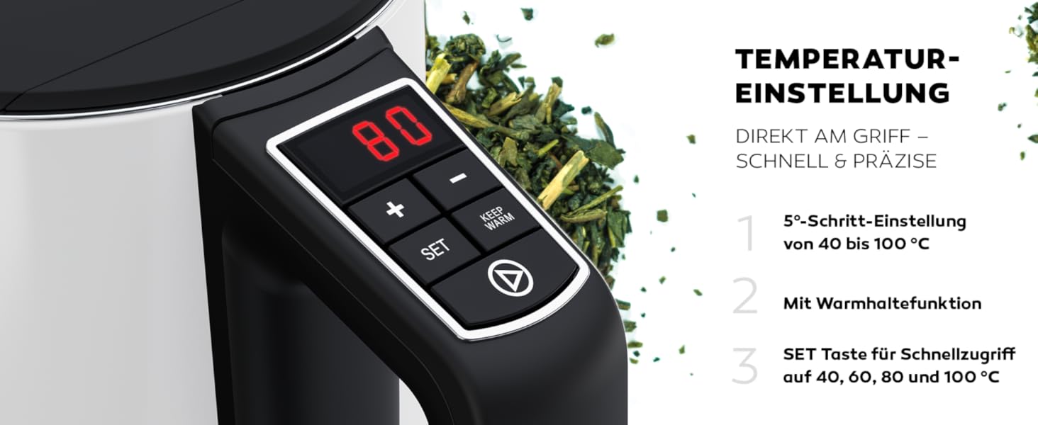 Електричний чайник BALTER з регулюванням температури, 40°C-100°C, подвійні стінки, без BPA, тихий та бездротовий, 1.5L, 2200W, білий