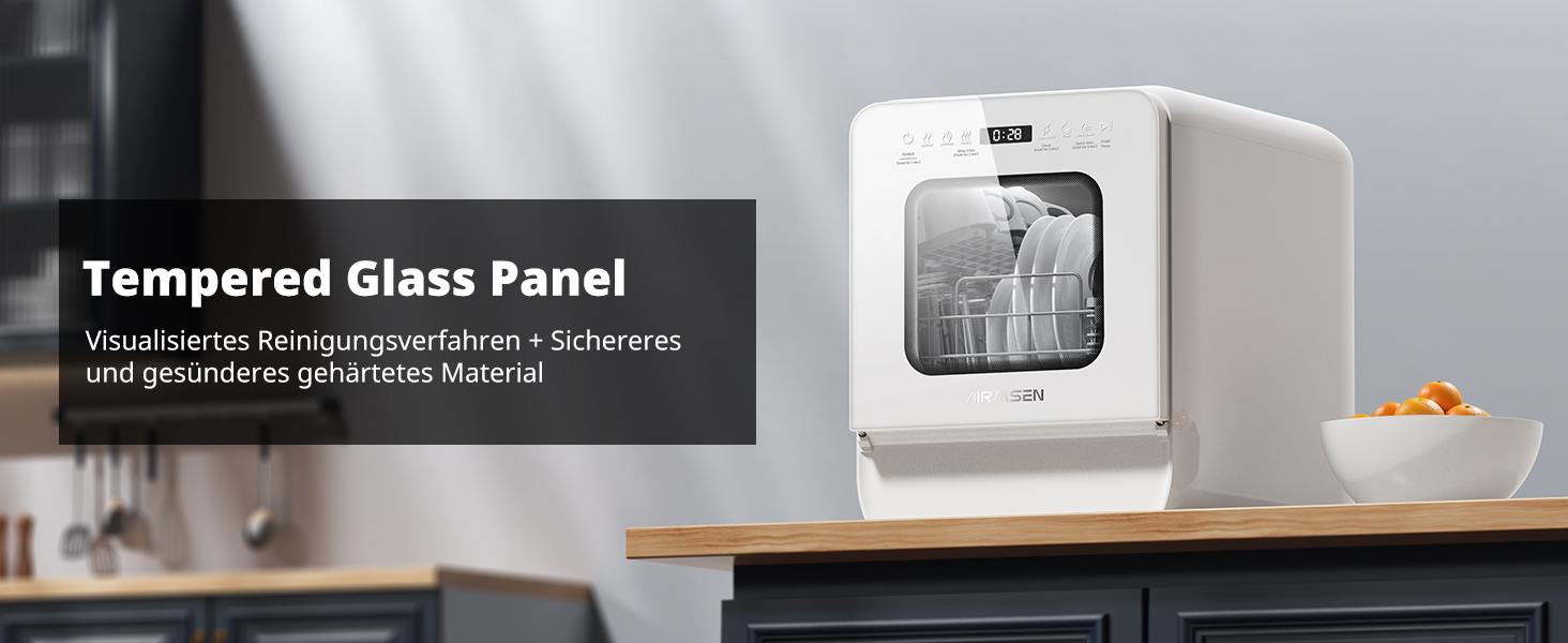 Мийка посуду AIRMSEN Mini для столу з резервуаром для води, ополіскувачем, 9 програм, 37*50 см, ультра-вузька, таймер 1-24 год, 360° подвійний розпилювач, шланг/без шланга, білий