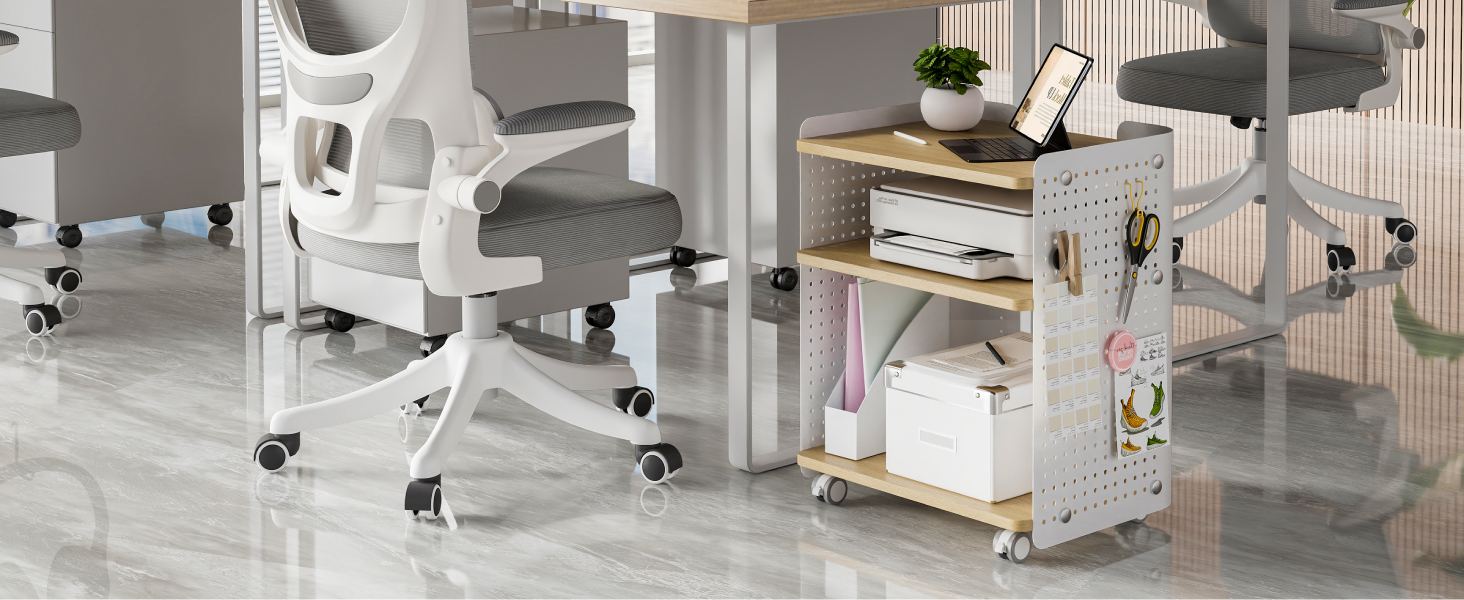 Стіл для принтера Fenge з колесами, мобільний тримач для принтера з перфорацією, 3 рівні, стійка для принтера/роликовий контейнер з органайзером, полиця, шафа для документів, для офісу та дому, 45,3x33,5x53,5 см (Дуб+Білий)