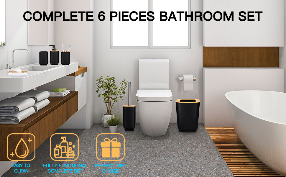 Набір аксесуарів для ванної кімнати JOTOM 6 шт. з бамбука, чорний: мильниця, дозатор мила, тримач для зубних щіток, стакан, сміттєве відро