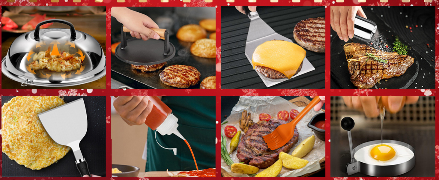Набір для гриля та тепаньякі 27-TLG: шпатель, прес для котлет, аксесуари з нержавіючої сталі для чоловіків, подарунковий набір для приготування бургера на грилі Blackstone