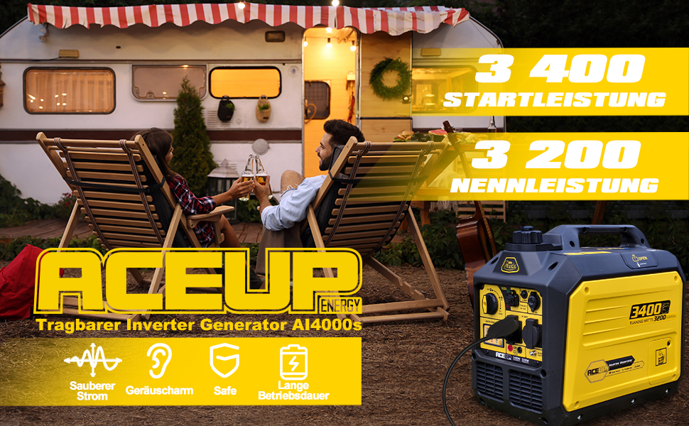 Бензиновий інверторний генератор Aceup 3400W: тихий, портативний, для дому, кемпінгу, 230V, 12V, USB, 4-тактний, 23кг