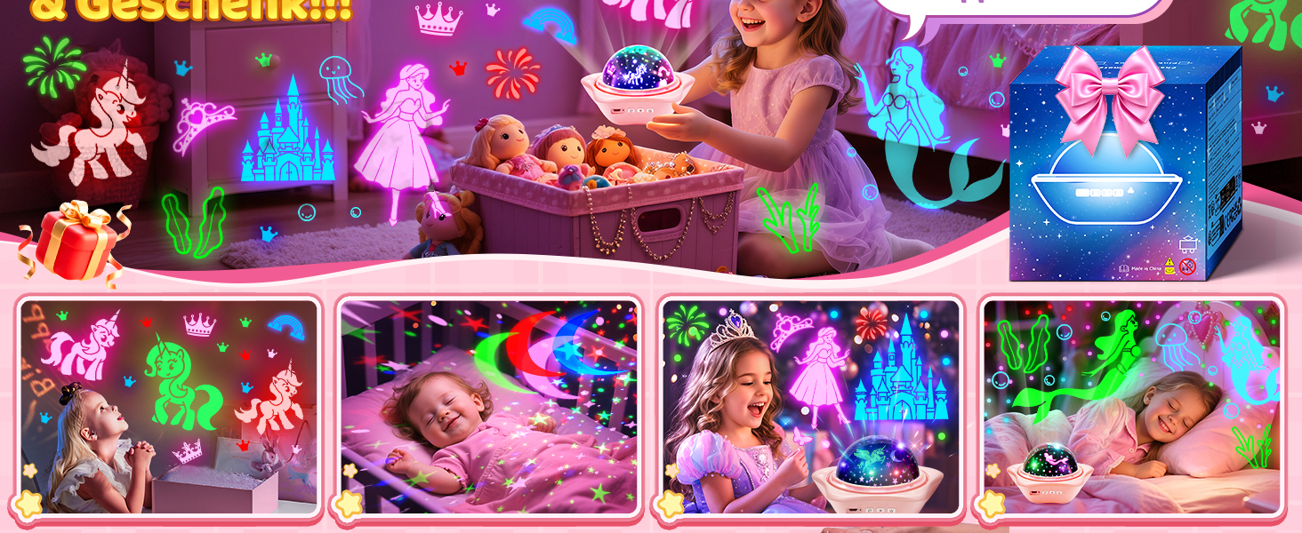 Проєктор зоряного неба One Fire Sternenhimmel для дітей: 96 режимів + 6 фільмів, нічник, обертання 360°, рожевий, з пультом ДУ, подарунок для дівчаток 1-9 років