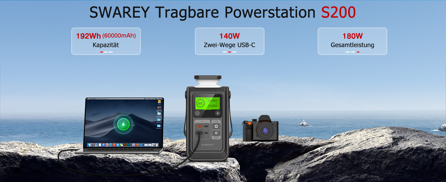 Портативна електростанція 192Wh LiFePO4, 140W USB-C, сонячний генератор 180W для кемпінгу, подорожей, надзвичайних ситуацій