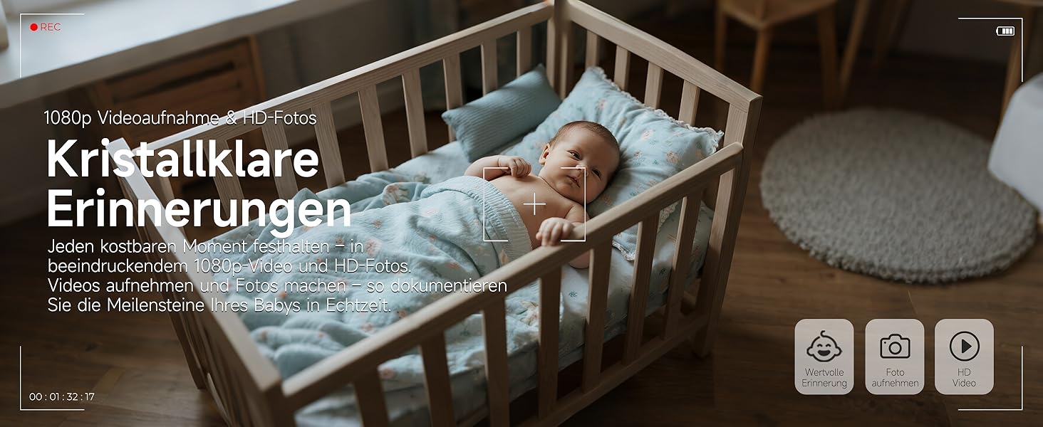 Відеоняня з камерою 1080P без Wi-Fi: монітор, тримач, кліпса для ліжечка, двосторонній звук, датчик температури, виявлення плачу, нічне бачення, 8 колискових, запис фото/відео, SD-карта в комплекті (біла)