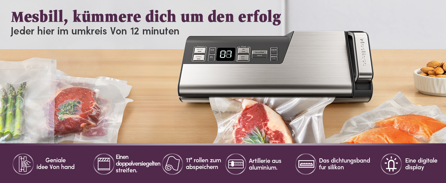 Вакууматор Mesliese для продуктів, 140 Вт, 95 кПа, з подвійним швом, вбудованим різаком та відсіком для рулонів, сірий