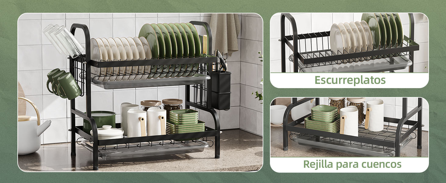 Сушарка для посуду NETEL 2-ярусна, чорна: з піддоном, тримачем для столових приборів та чашок