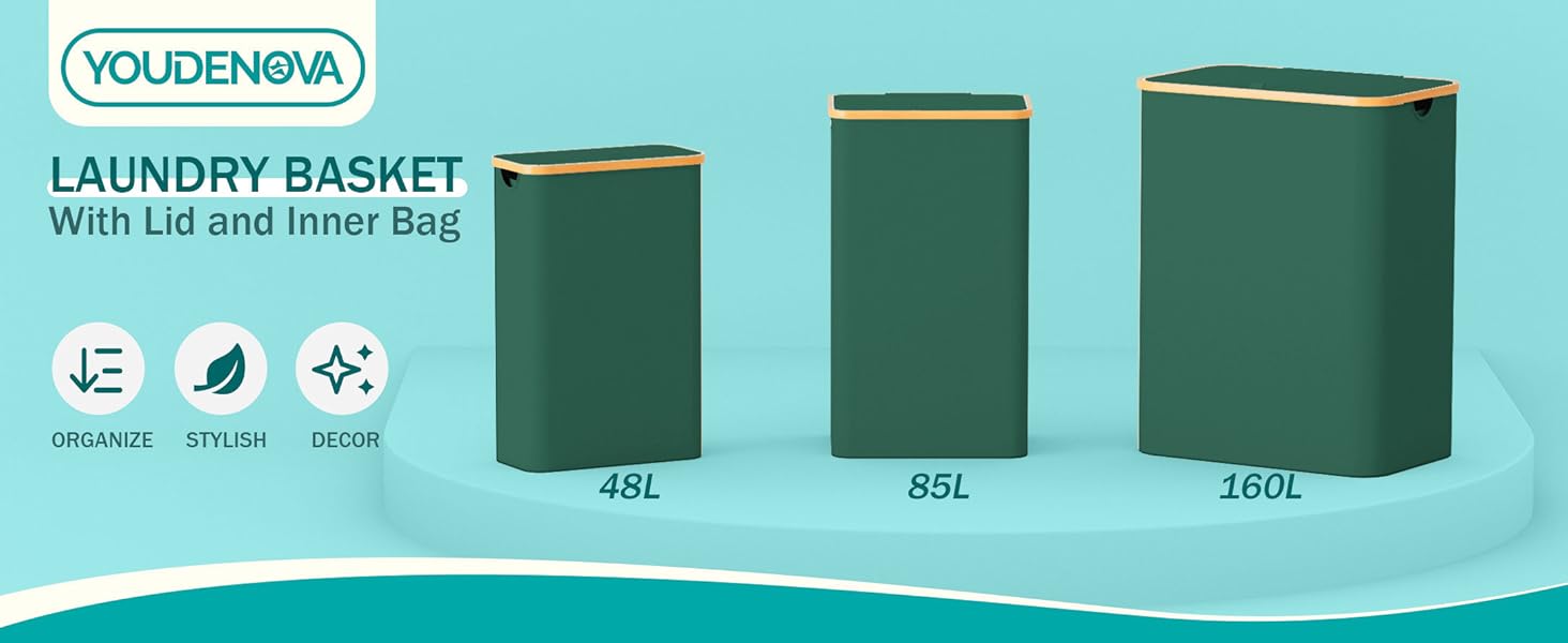 Кошик для білизни Youdenova з кришкою, 48л, вузький, з мішком, сортувальник, бамбук, білий