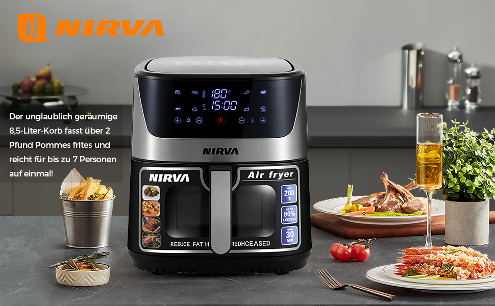 Аерофритюрниця Nirva 8,5 л, 1700 Вт, безмасляна фритюрниця з вікном, антипригарним покриттям та кошиком для посудомийки, чорна/нержавіюча сталь