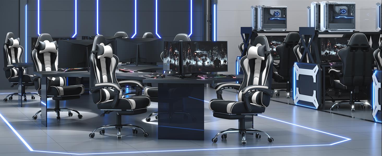 Ігровий крісло Yaheetech з масажем, комп'ютерне крісло з підніжкою, біле, регульована спинка 90-135°