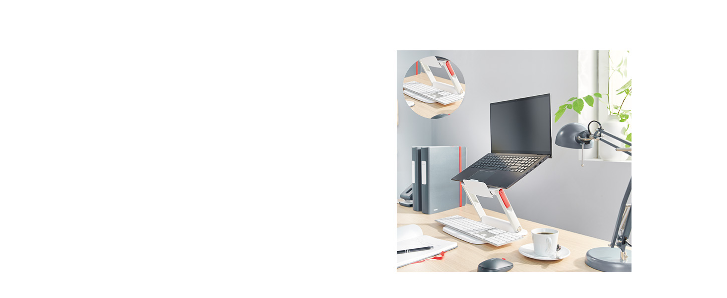 Підставка для ноутбука Leitz Ergo, регульована по висоті, для ноутбуків 13'-15', з 80% переробленого пластику, 6 положень висоти та кута, компактна, 100% перероблювана, білий колір