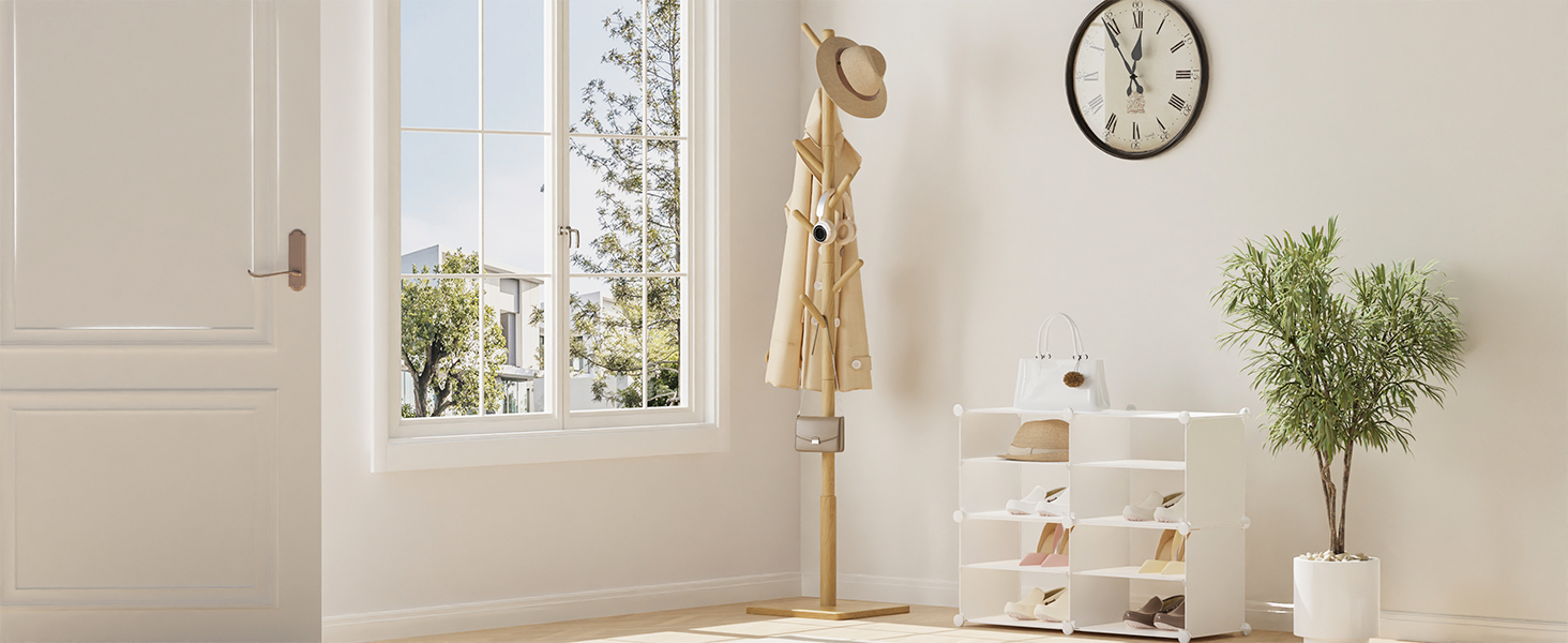 Вішалка для одягу Yawinhe у вигляді дерева з антиковзним покриттям, з масиву дерева, 180 см, 8 гачків, 3 регульовані висоти, для передпокою, 1 шт.