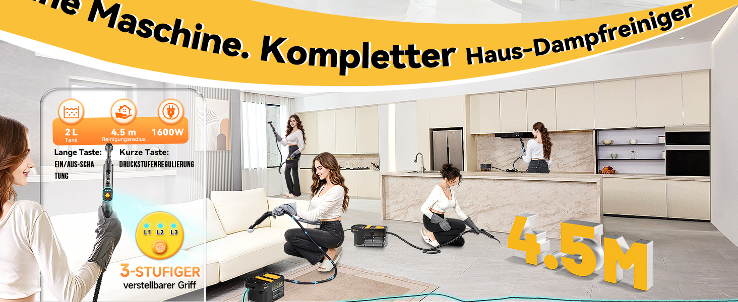 Пароочисник Gautye 3-рівневий регульований руків'я, нагрів за 10 секунд, бак 2L, 18 насадок, для кухні, ванної, підлоги, авто, вікон, чорний