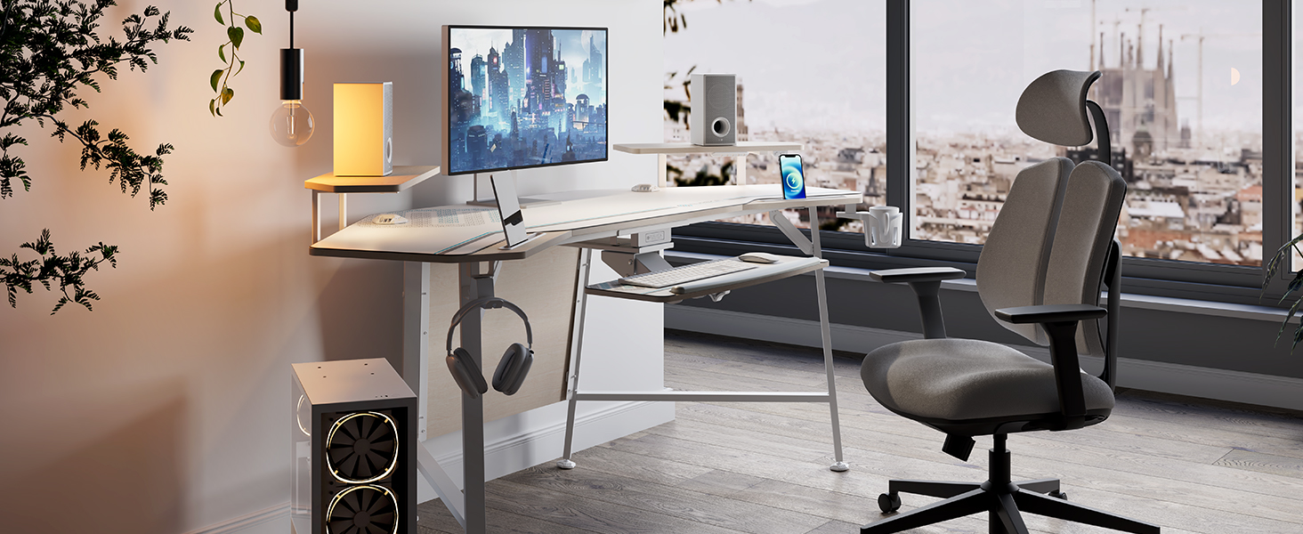 Ігровий стіл EUREKA ERGONOMIC 160x74 см з крилами, для ПК, з 2 відсіками для iPad, для дому, офісу, стрімінгу, білий акорн