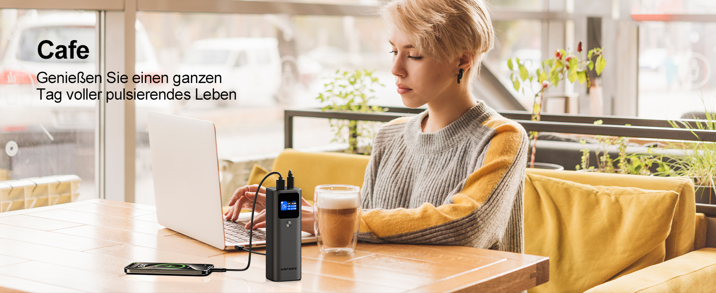 Power Bank AsperX 20000mAh, 165W, 2x USB-C 100W, Алюмінієвий Корпус, Вбудований Кабель 60см, TFT-Дисплей, для iPhone, MacBook, Samsung