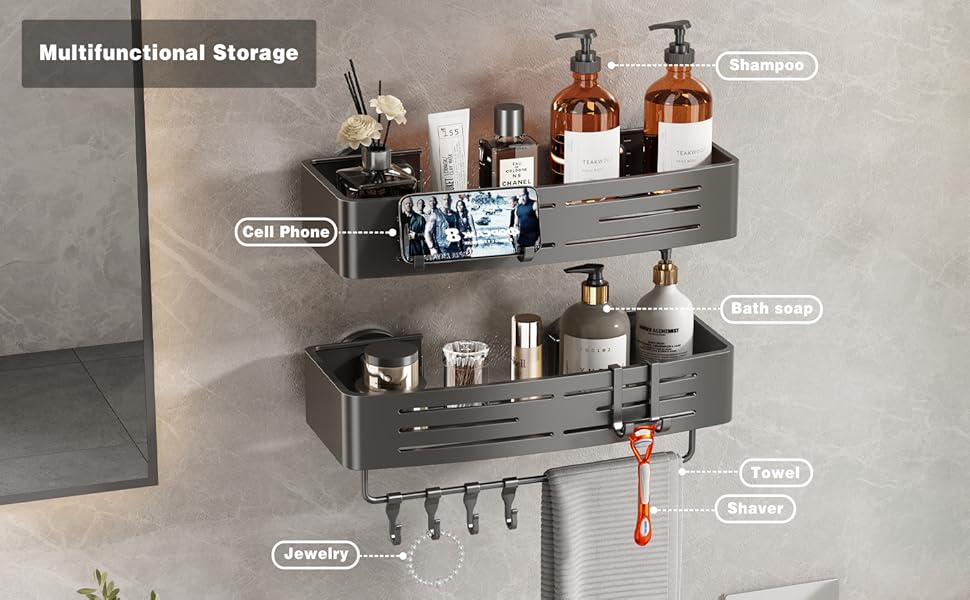 Полка для душу Voldra без свердління, кутова, з присосками, для ванної кімнати, металева, з тримачем для рушників (2 шт., сіра)