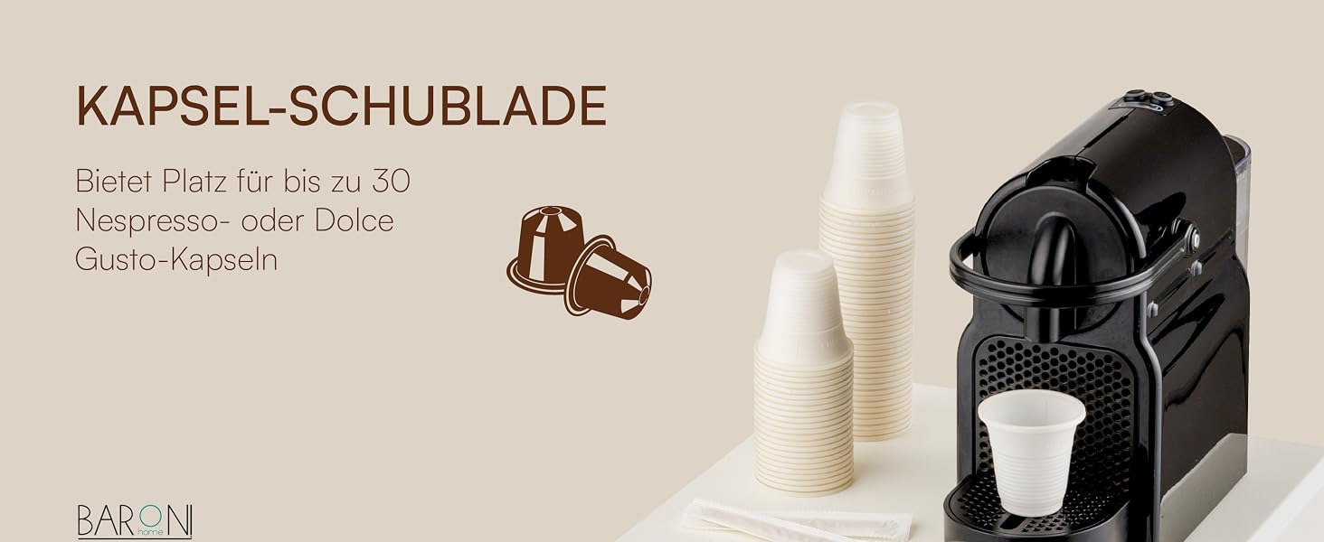Органайзер для кавових капсул Baroni Home, універсальний підставок для Nespresso та Dolce Gusto, відсіки для чаю та аксесуарів, 2 шухляди, пластиковий, 34x13x34 см, чорний
