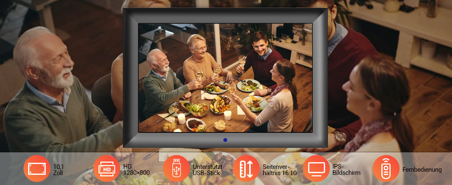 Цифровий фоторамка OBVHNUA 10.1 дюйма з IPS екраном (1280x800) та пультом, USB/SD (128GB), автоповорот, відтворення фото/музики/відео
