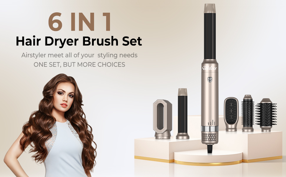 Фен-щітка Airstyler UKLISS 6 IN 1, фен з гарячою повітряною щіткою з автоматичною плойкою, щітка для випрямлення, надає волоссю об'єм, випрямляє, завиває та сушить волосся феном (золотистий)