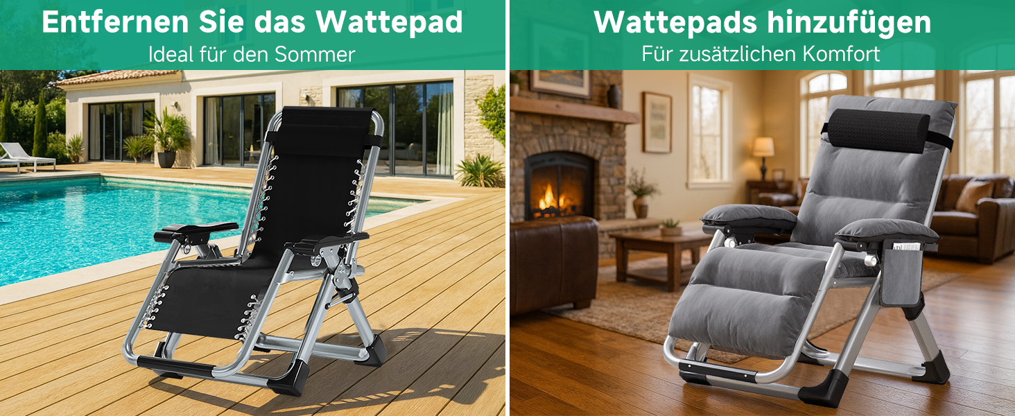 Шезлонг для відпочинку, розкладний, 200 кг, Zero Gravity, з подушкою, підстаканником, широкий, регульований, для саду, патіо, пляжу, басейну, сірий