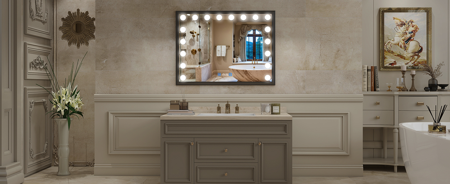 Дзеркало для ванної кімнати YOURLITE з LED-підсвічуванням 100x60 см, сенсорне управління, годинник, антизапотівання, 3 кольори світла, регулювання яскравості, функція пам'яті, білий/чорний