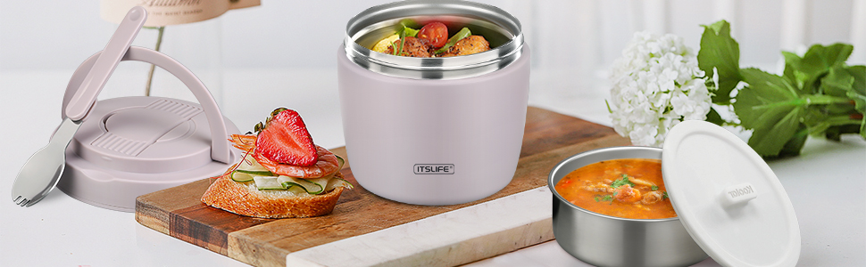 Термоконтейнер для їжі Itslife 970мл, термоконтейнер з кришкою, з нержавіючої сталі з ложкою, термотермос для їжі, ланчбокс для супів, дитячого харчування, каші (зелений) (фіолетовий)