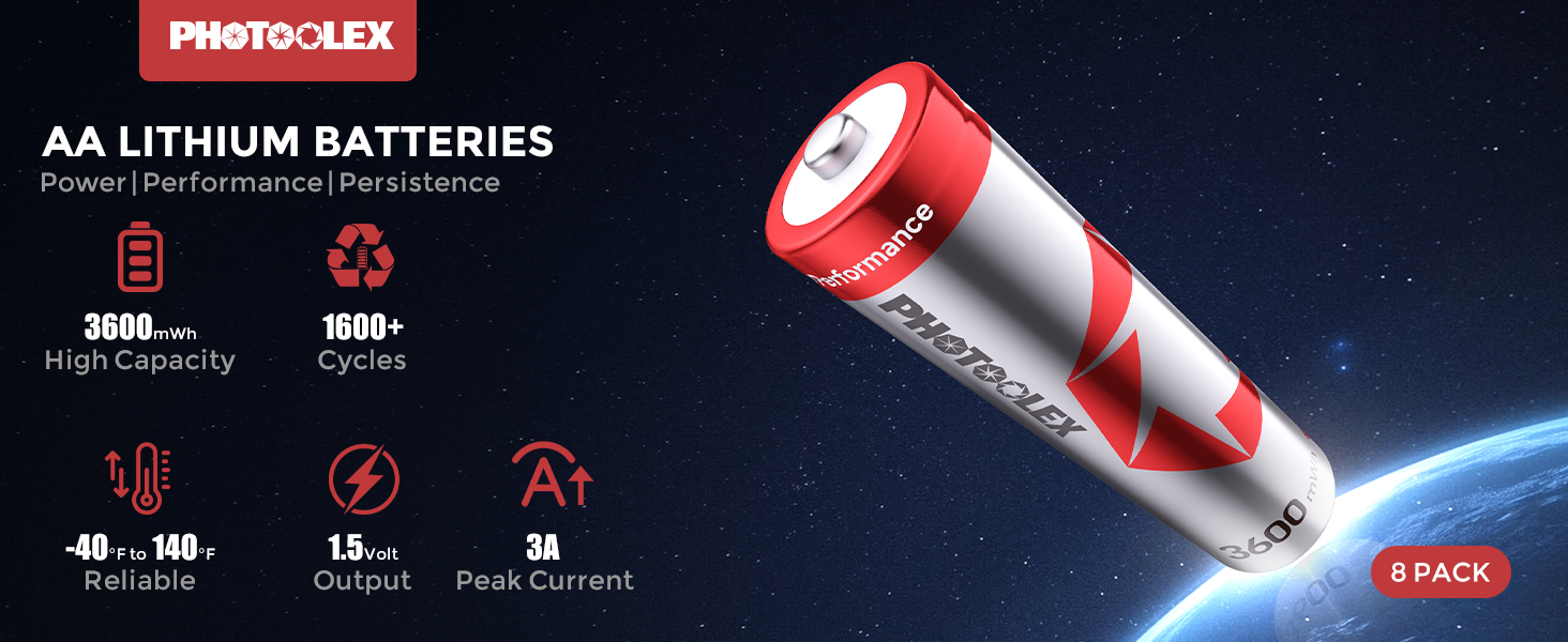Акумулятори PHOTOOLEX AA Li-ion 1.5V 3600mWh, комплект 8 шт. з кейсом для зберігання, висока ємність