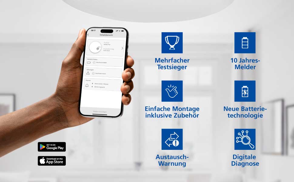 Датчик диму Hekatron Genius Plus з батареєю на 10 років – Тест-переможець Stiftung Warentest – Зроблено в Німеччині – з клейкою підкладкою – з підтримкою додатку – 1 шт.