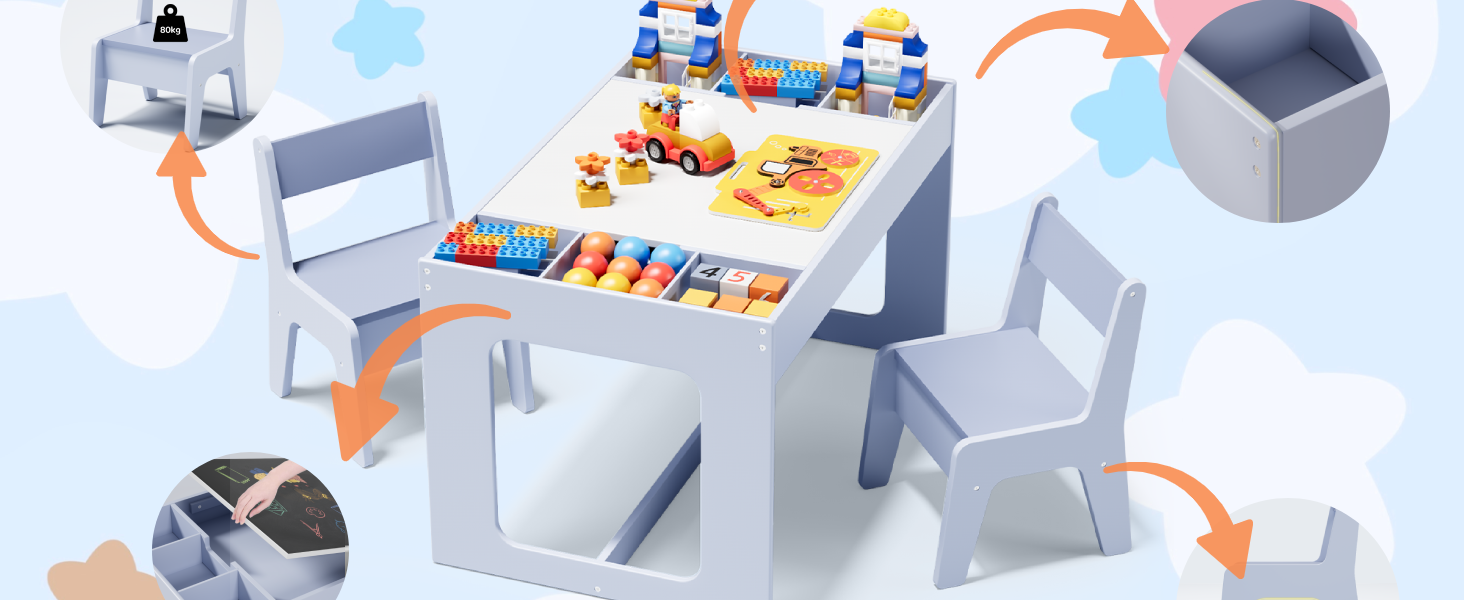 Дитячий стіл та комплект стільців Mamizо з місцем для зберігання, блакитний. Підходить для дитячої кімнати, школи, дитячого садка, від 3 років.