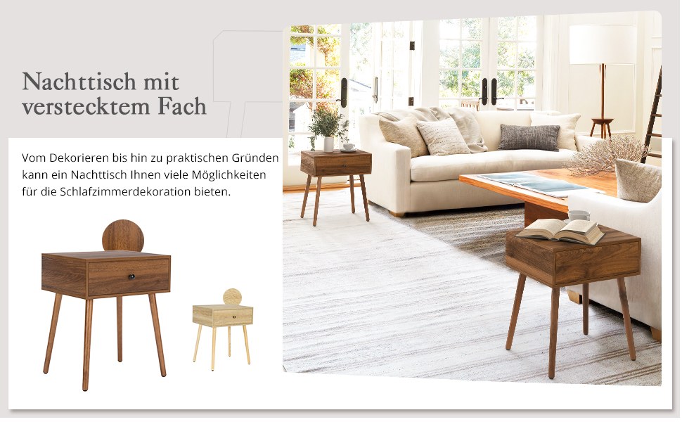 Набір з 2 тумбочок LUE BONA: сучасні приліжкові столики з прихованими ящиками та ніжками з дерева, горіх, для спальні та вітальні