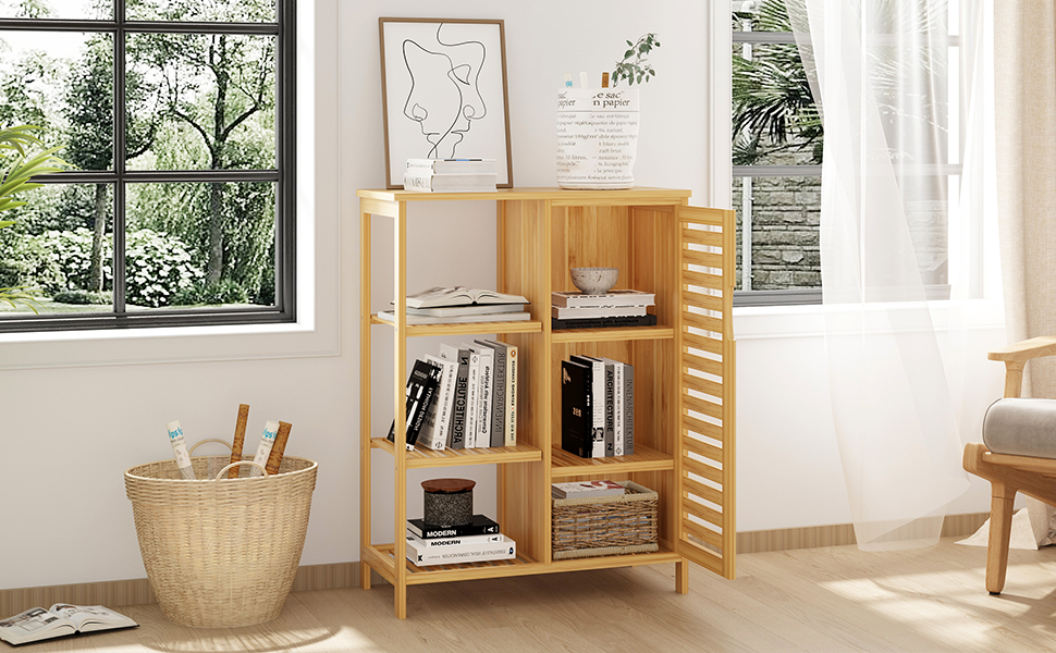 Шафа для ванної кімнати Sogesfurniture з бамбука, 66x33x87 см, з 4 полицями та жалюзі-дверцятами