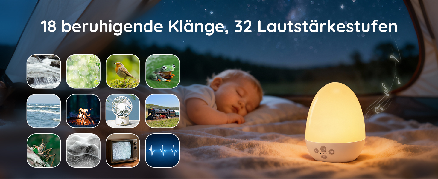 Нічник дитячий JolyWell з генератором білого шуму, RGB підсвічування, 3 режими температури, димер, 18 звуків, таймер, USB-C зарядка