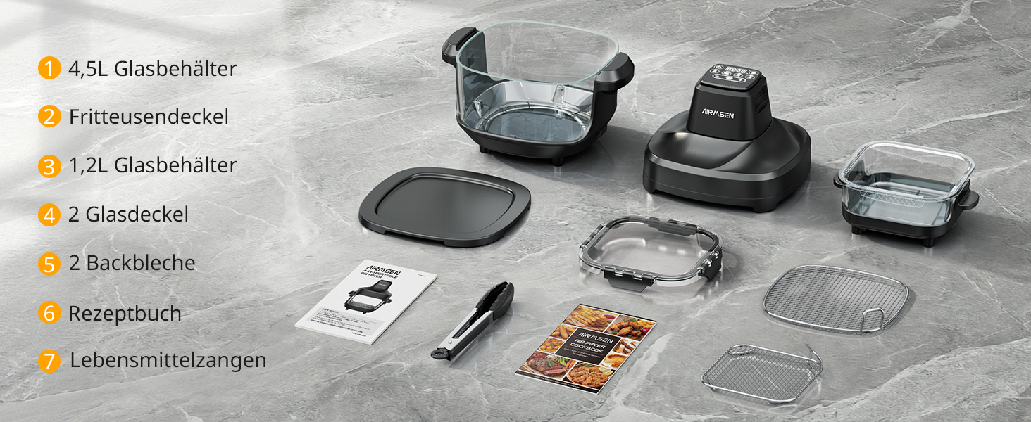 Фритюрниця повітряна AIRMSEN зі скляною чашею, 1500 Вт, 4.5L + 1.2L, 60–230 °C, 4 програми, знімна чаша, для мікрохвильовки та мийки посуду