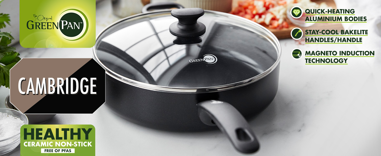 GreenPan Cambridge сковорода для тушкування з кришкою (24 см, 3,1 л), керамічне антипригарне покриття, без PFAS, для індукційних плит, придатна для миття в посудомийній машині, чорна