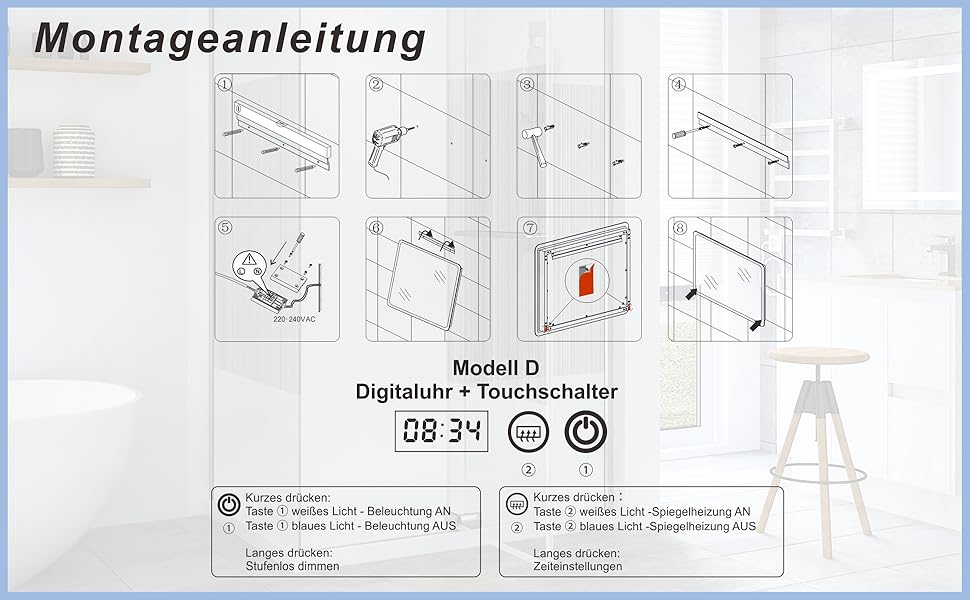 Дзеркало для ванної кімнати AQUABATOS LED 50x70 см з підсвічуванням, сенсорним вимикачем, регулюванням температури світла (6400K), IP44, CE, енергозберігаюче. Серія Essens