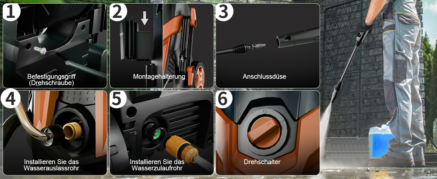 Високотискний мийник 180 бар, 6-в-1 насадка, продуктивність 420 л/год, площа очищення 50 м²/год, економний, з піночистою та барабаном для шлангу, для авто та під'їздів, червоний