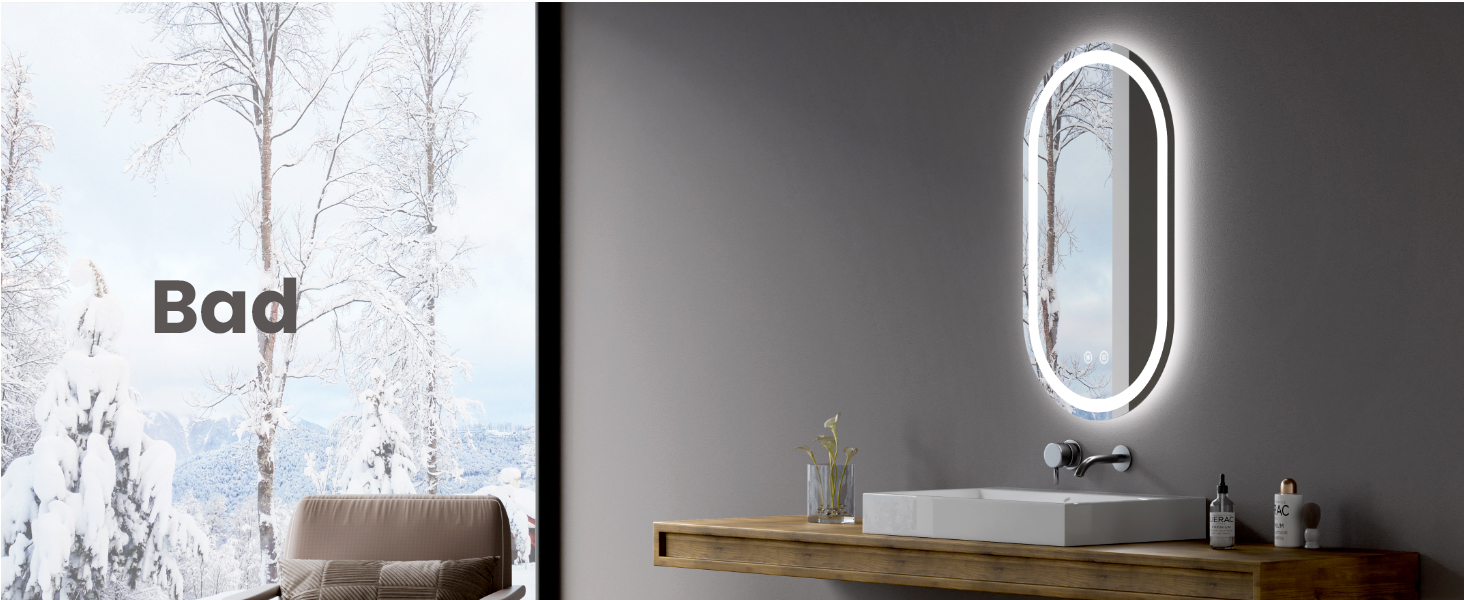 Дзеркало для ванної кімнати EMKE з підсвічуванням 50x90 см, овальне, з сенсорним перемикачем, 3 кольори світла, регулювання яскравості, антизапарник, функція пам'яті, автоматичне вимкнення через 3 години