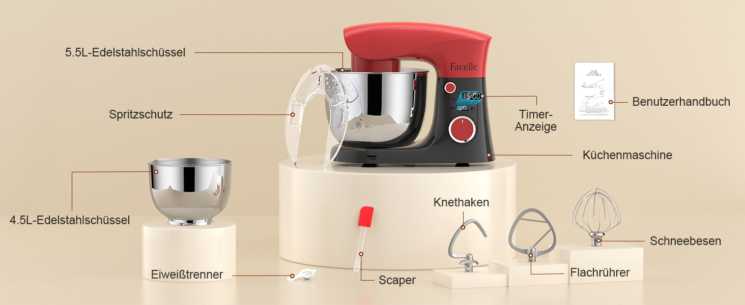 Кухонна машина-міксер Facelle 1500W з чашею 5.5L/4.5L, 10+ програм, тиха робота, з набором насадок (червоно-сірий)