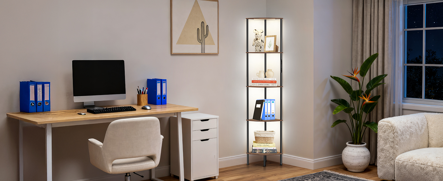 LED торшер з полицею, 3 режими світла, димування (сенсор/пульт), кутова полиця 5 рівнів, вузька книжкова шафа для вітальні, спальні, офісу, чорний