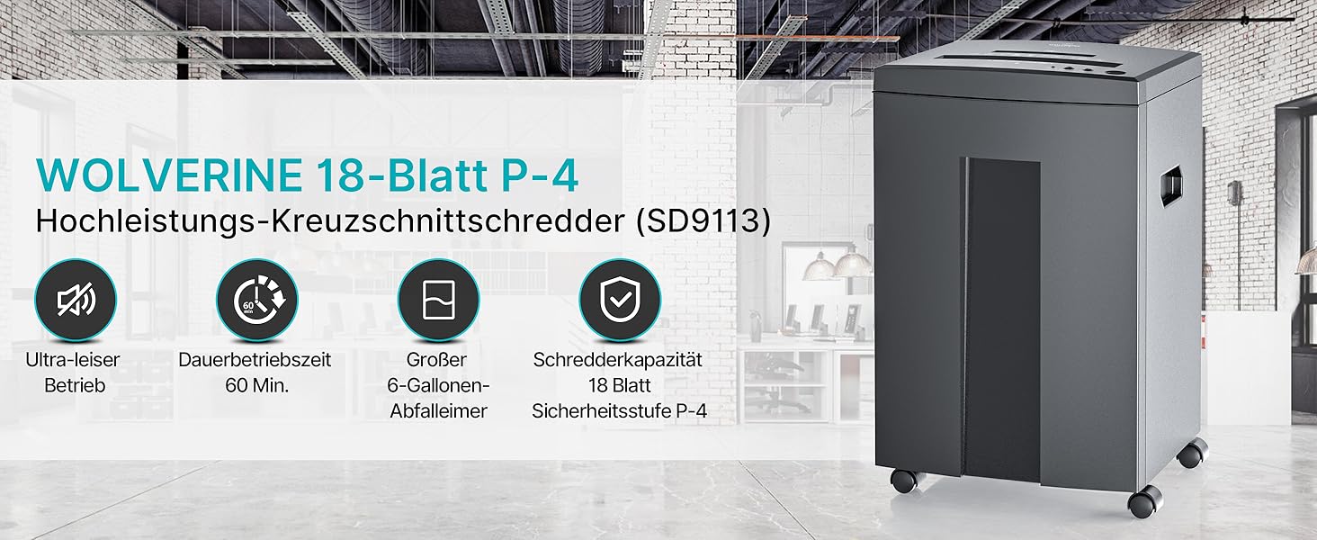 Шредер для паперу WOLVERINE P4 SD9113: 18 листів, знищення CD, тихий, 22 л, сірий