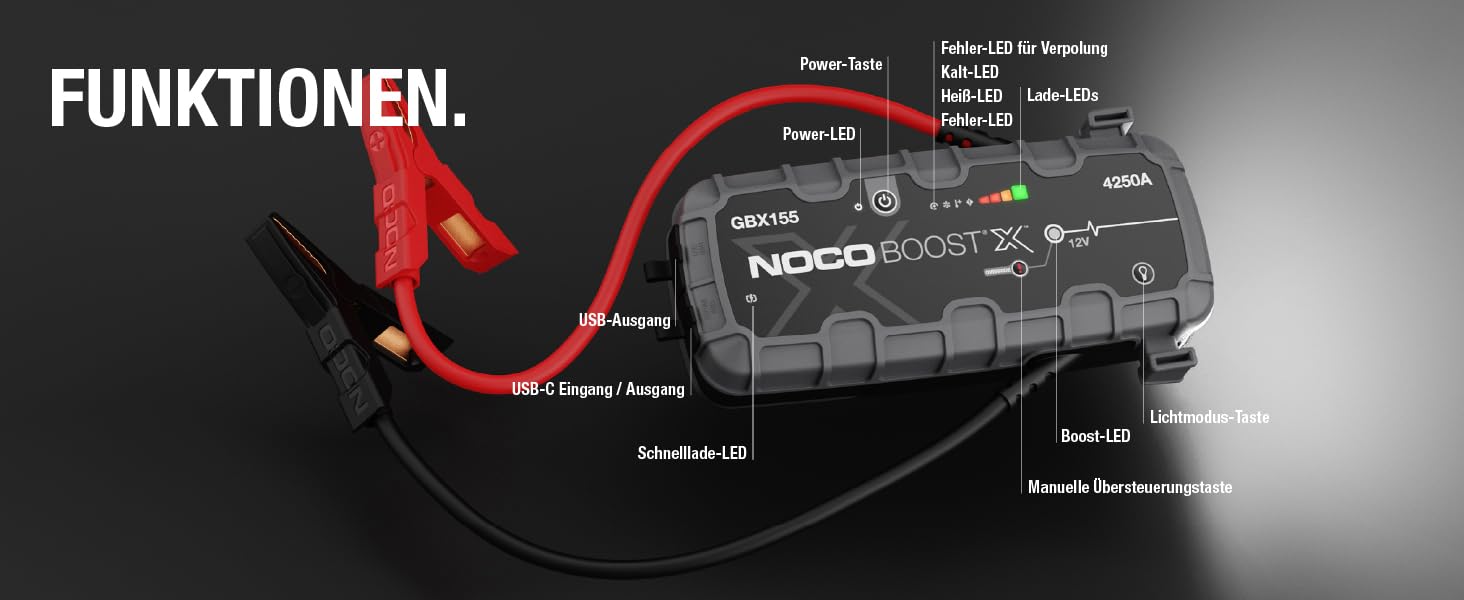 Бустер для авто NOCO Boost X GBX155: Пусковий зарядний пристрій 4250А 12V Lithium для бензинових двигунів до 10.0л та дизельних до 8.0л