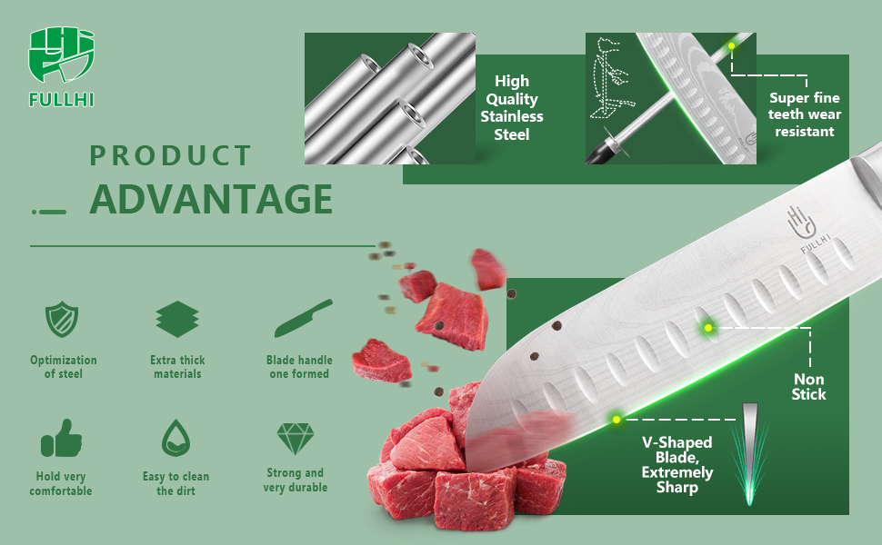 Японський набір ножів Fullhi 15 предметів з магнітним підставкою, з високоякісної сталі, ергономічні ручки з харчового пластику, для професійної та домашньої кухні