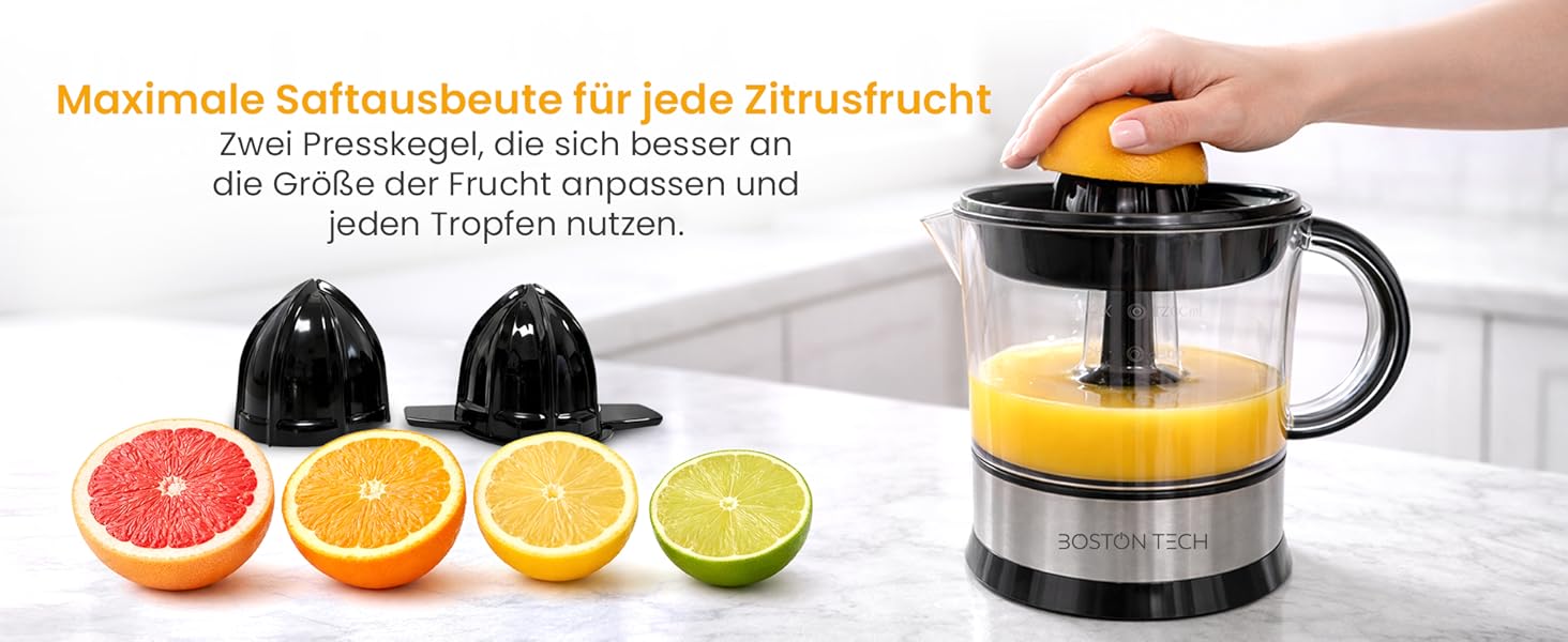 Електрична цитрусовижималка Boston Tech MasterJuicer 700 мл з нержавіючої сталі - 40W, подвійна конусна система, без BPA, висока продуктивність