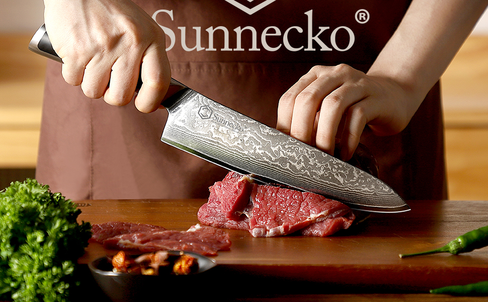 Набір ножів Sunnecko 6 предметів з блоком: кухонні ножі з дамаської сталі, ергономічні ручки, кухонні ножиці, тримач для ножів, дерев'яний блок